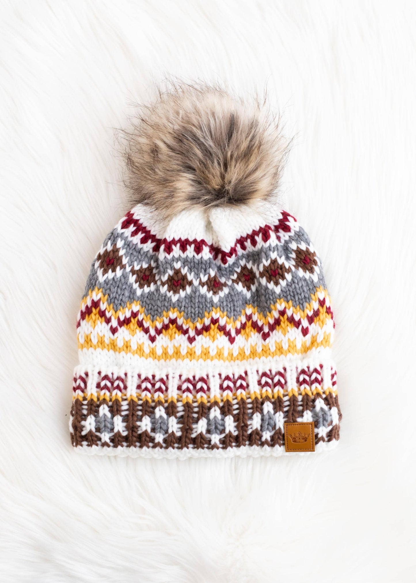 White & Multicolored Patterned Pom Hat