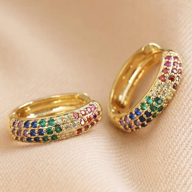 Wide Rainbow Crystal Hoop Earrings in Gold