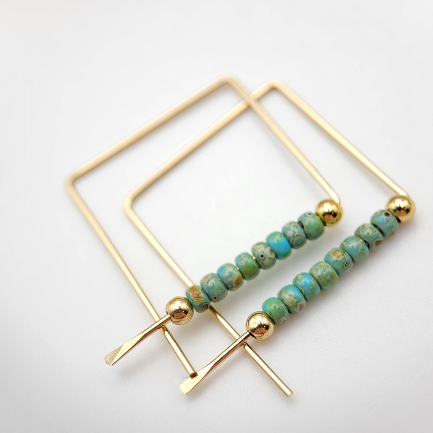 14k Gold Square Threader Hoops with Turquoise Beads