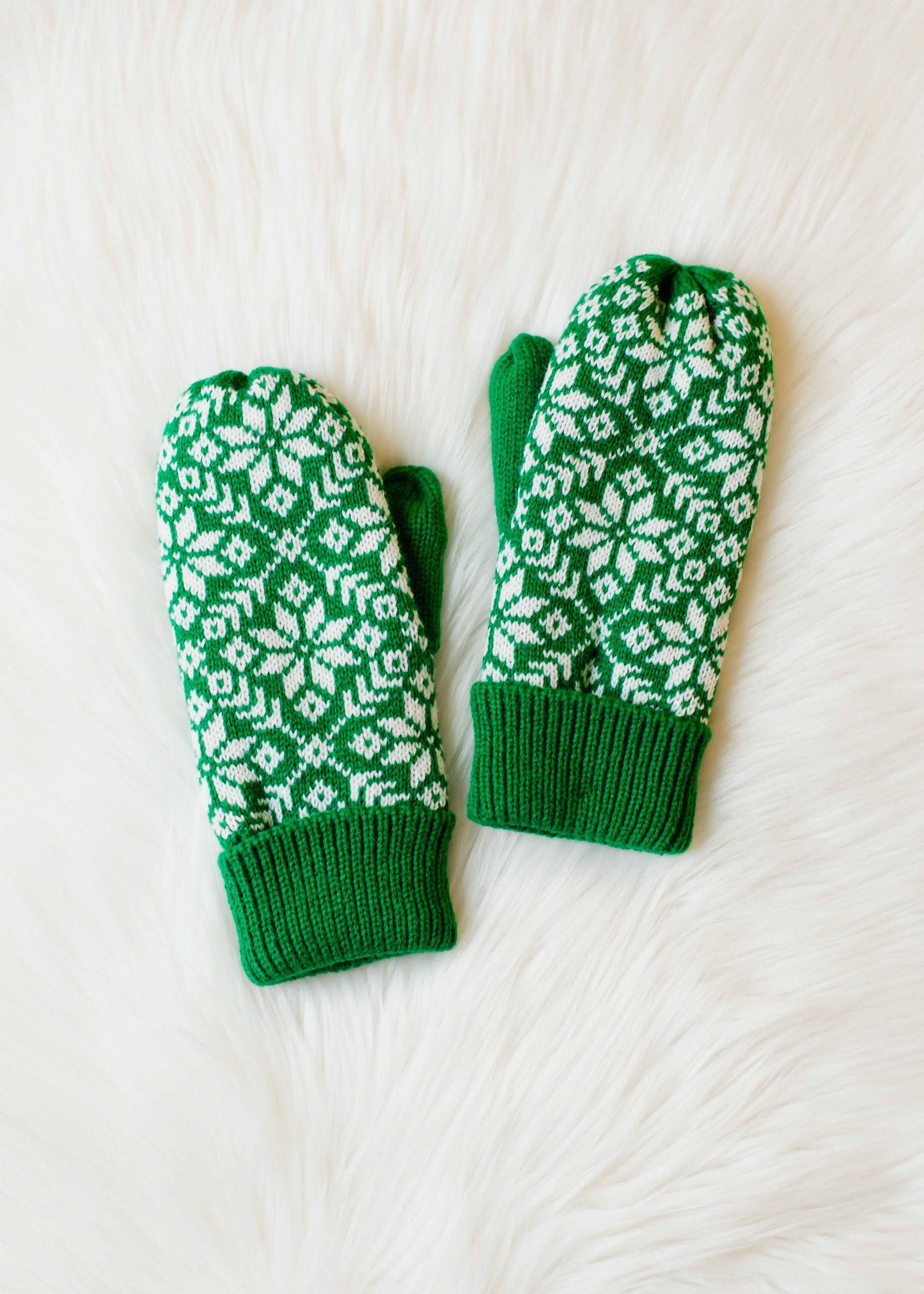 Green & White Snowflake Knit Mittens