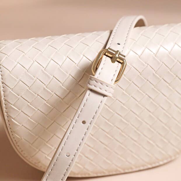 Woven Vegan Leather Crossbody Bag in Beige