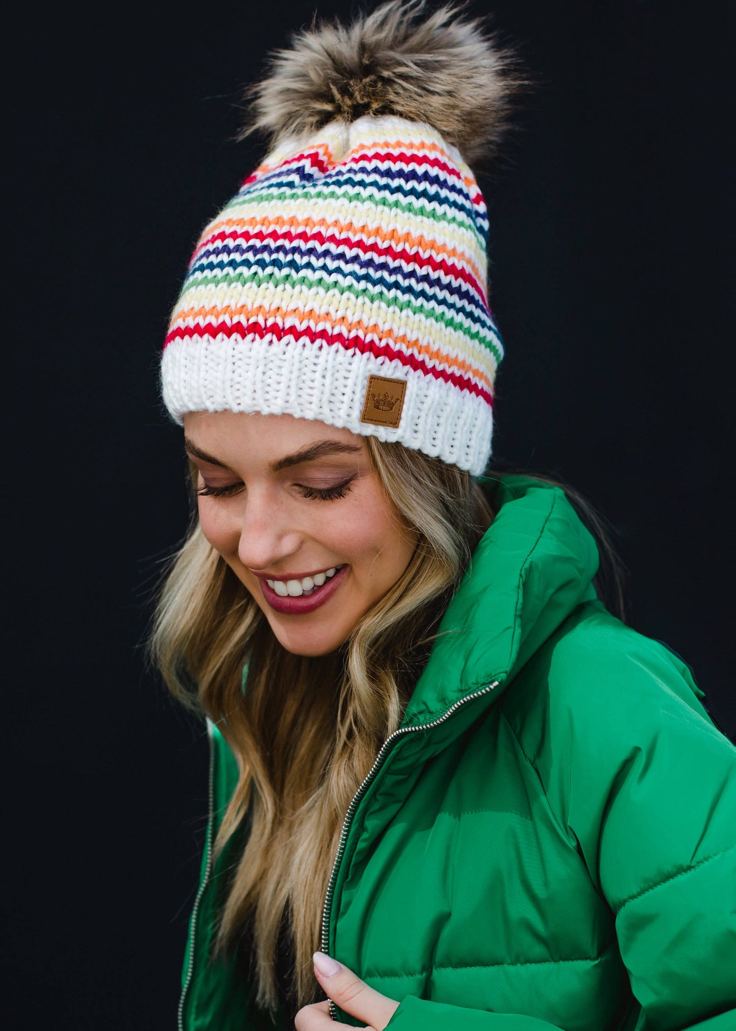 White & Rainbow ZigZag Striped Pom Hat