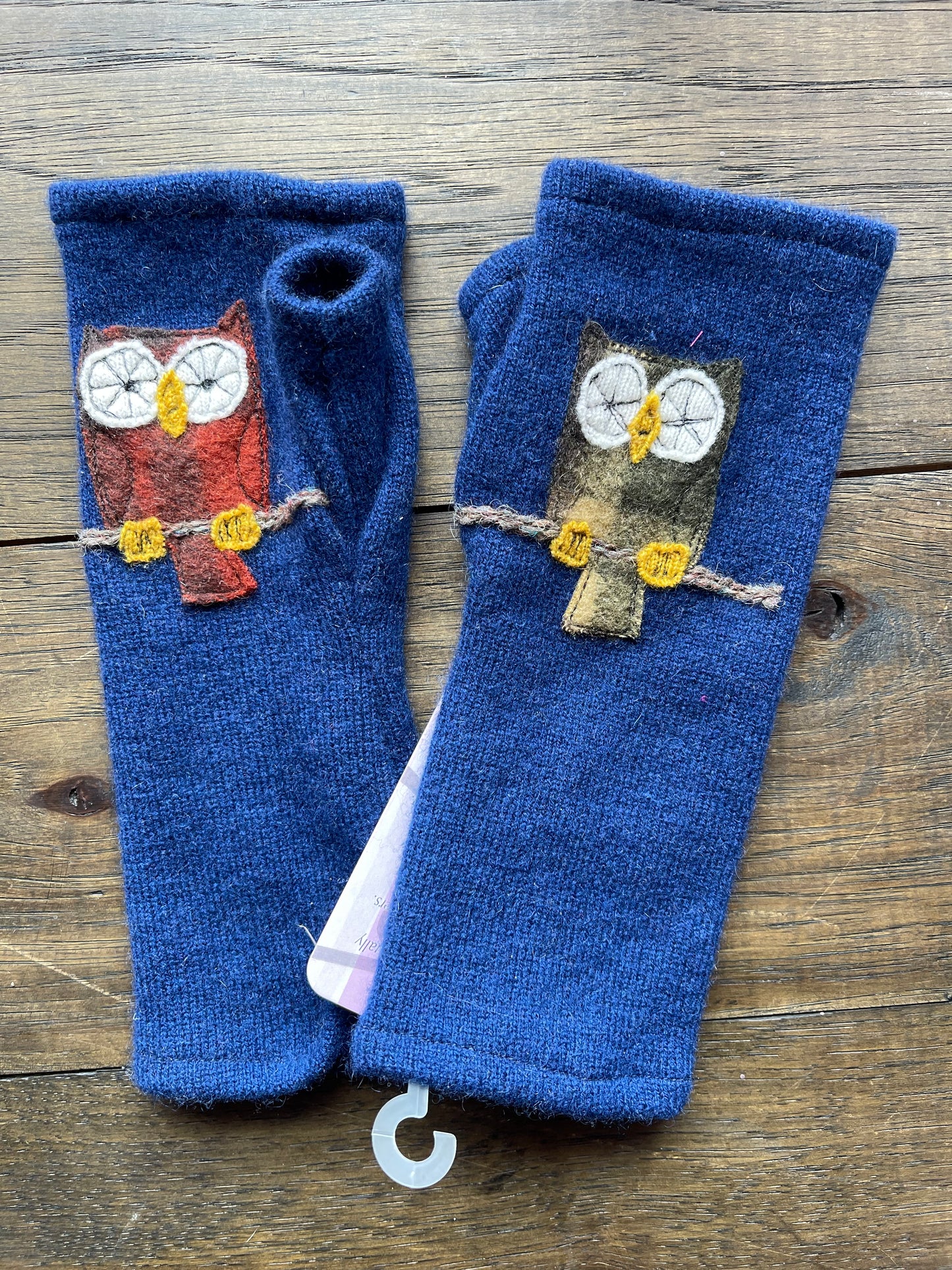 Hand Stitched Fingerless Gloves - Navy/Owl