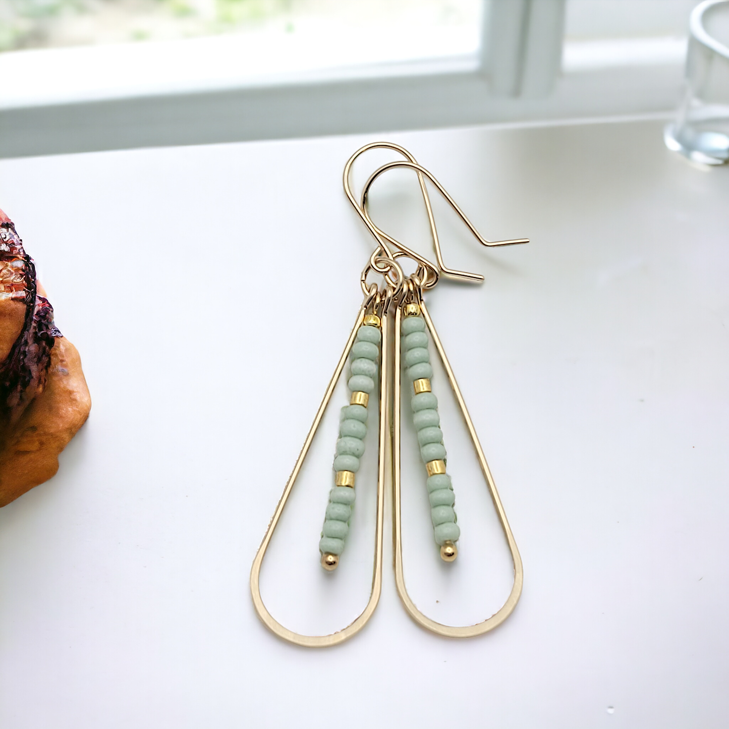 Long Gold Teardrop Hoop Earrings with Mint Green Seed Beads