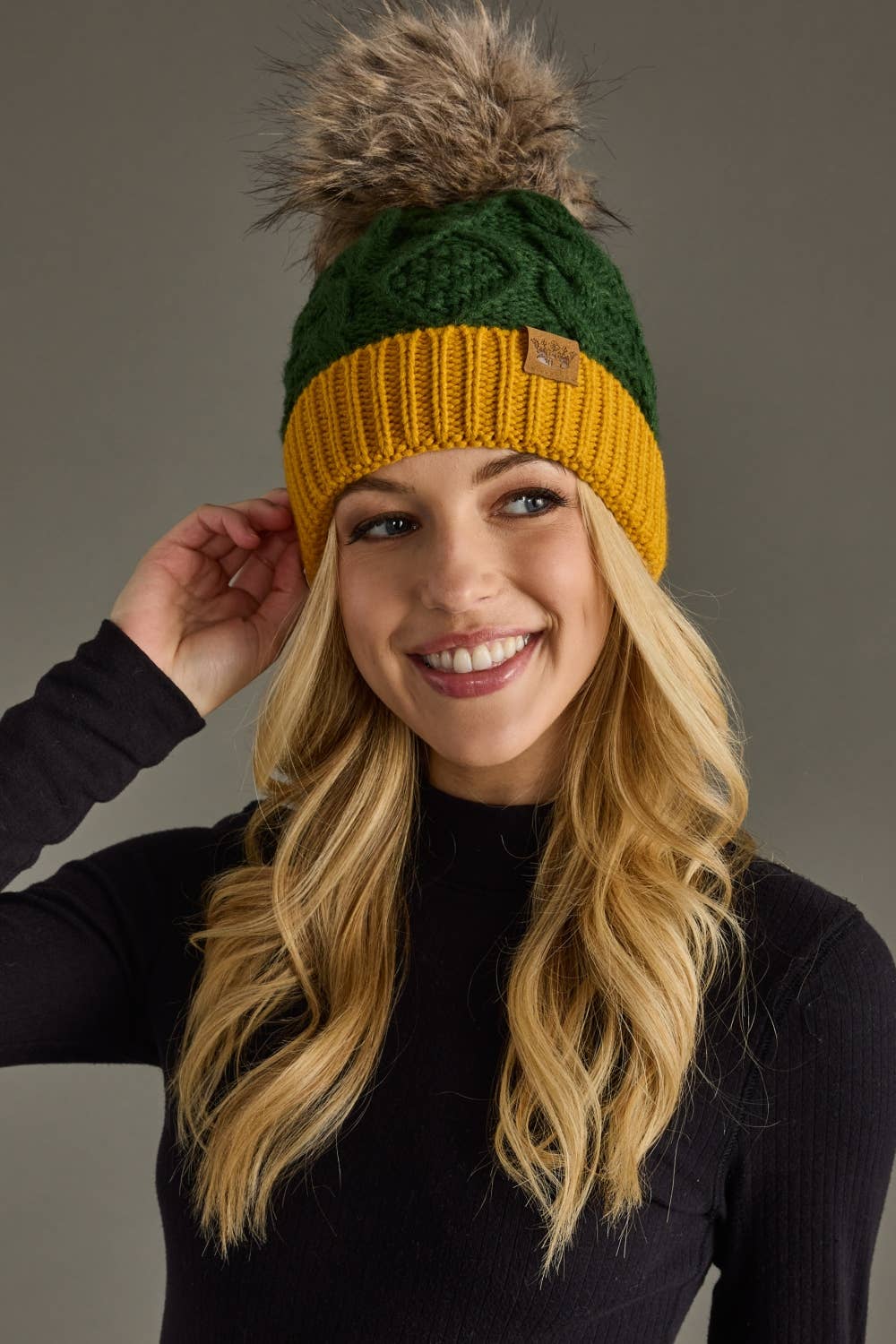 Green & Gold Trim Cable Knit Pom Hat