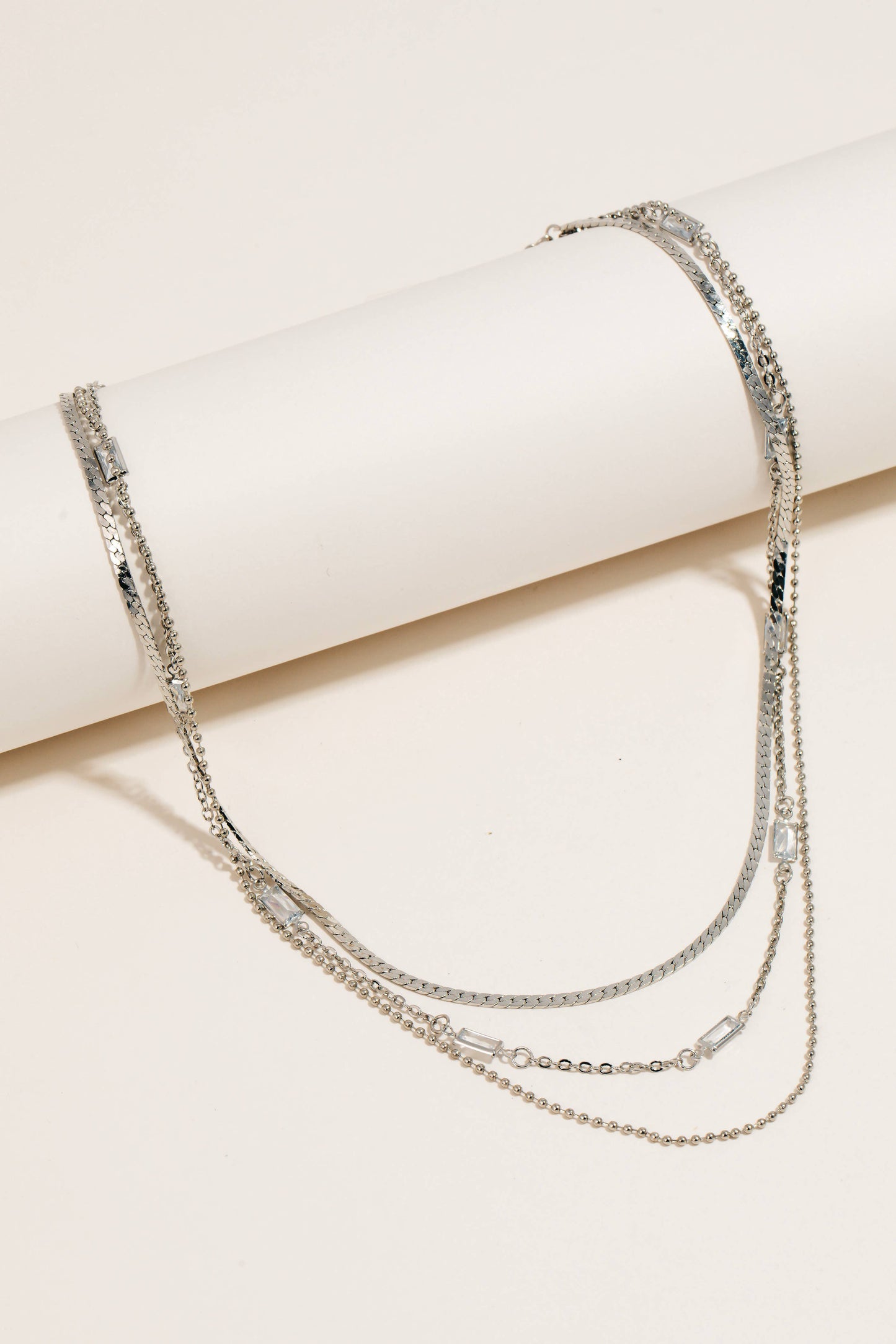 Rectangle Rhinestones Layered Chains Necklace