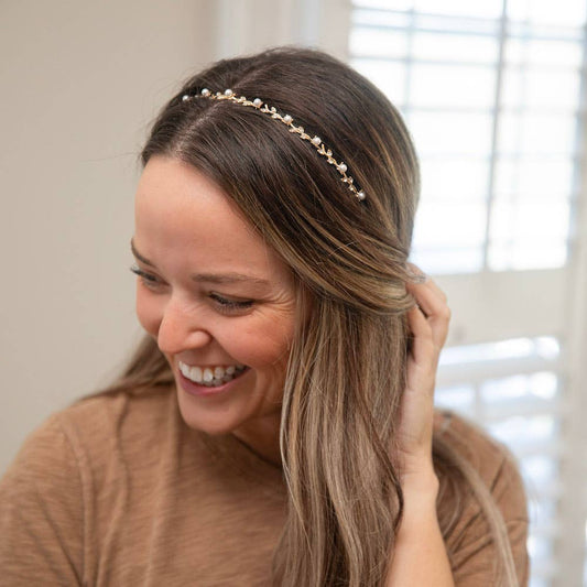 Thin Embellished Headband - Gem Leaf | Gold Diamond Leaf