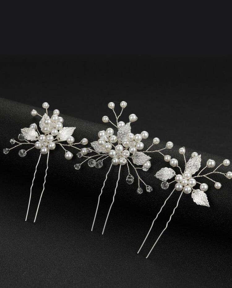 3 Piece Pearl & Leaf Hair Pins