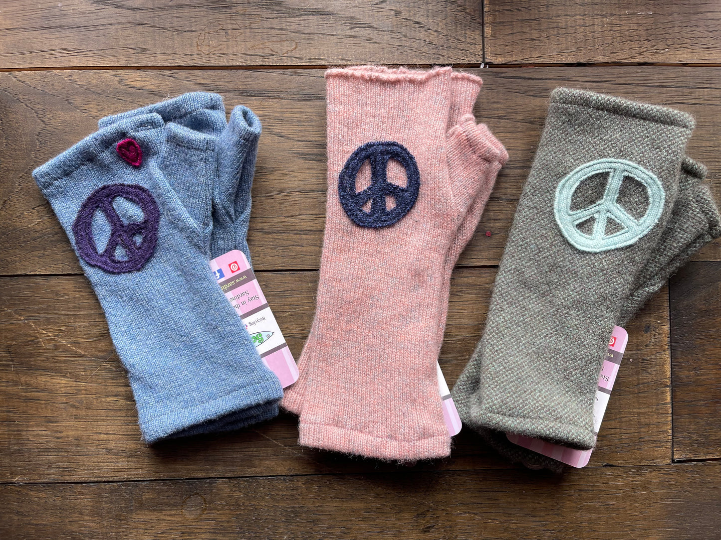 Hand Stitched Fingerless Gloves - Pink/Peace