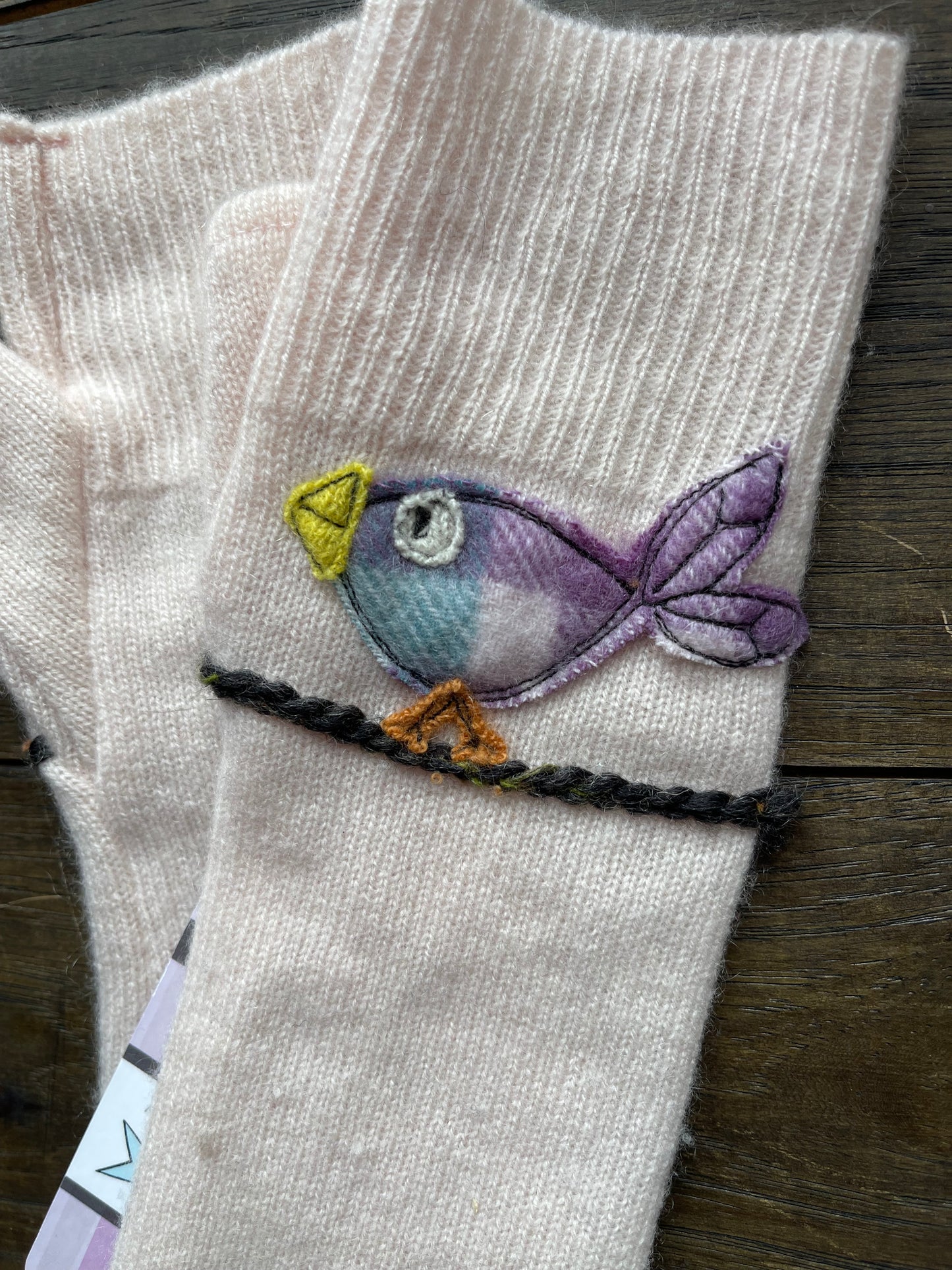 Hand Stitched Fingerless Gloves - Lt Pink/Bird