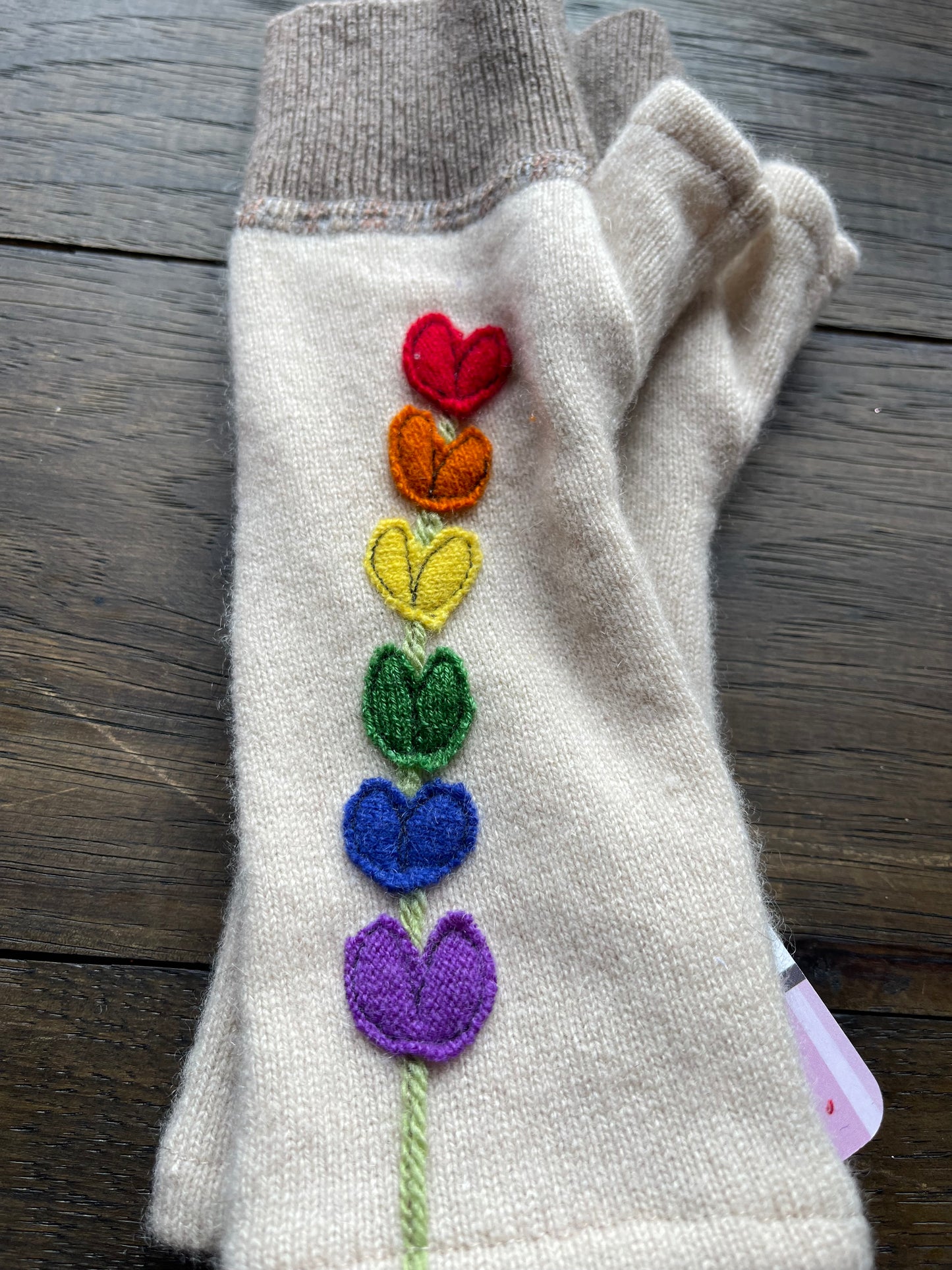 Hand Stitched Fingerless Gloves - Tan/Rainbow Flower