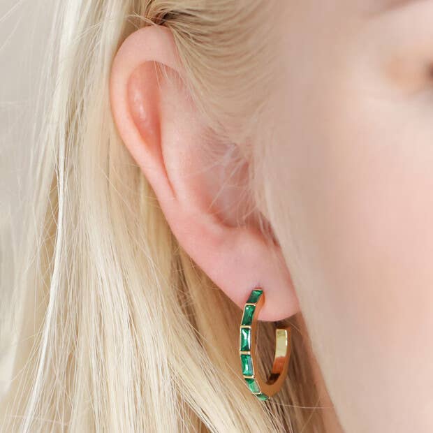 Green Crystal Hoop Earrings in Gold