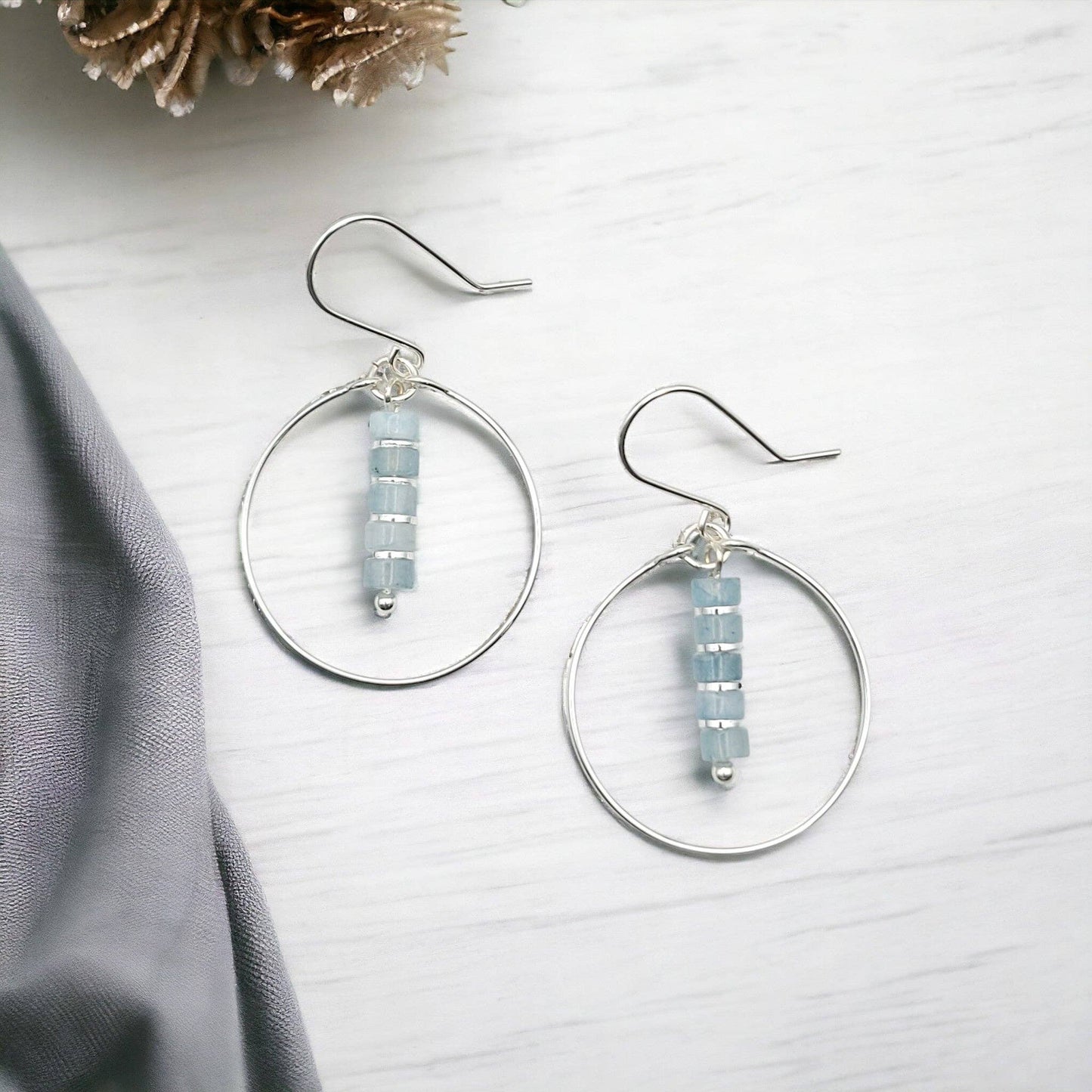 Sterling Silver Hoops with Aquamarine Dangle