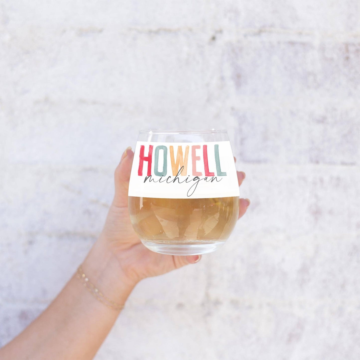 15oz Stemless Wine Glass-Watercolor City Howell Michigan
