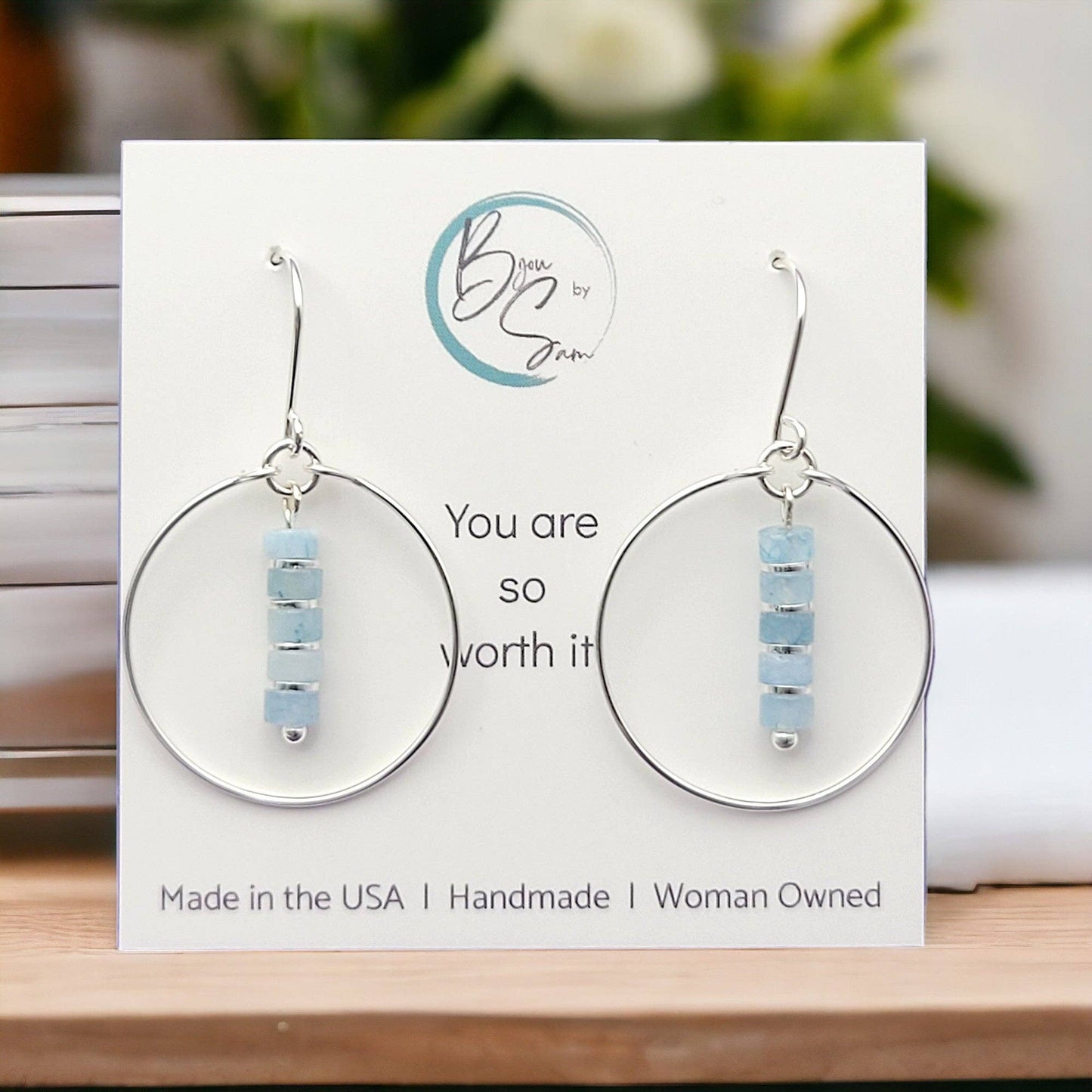 Sterling Silver Hoops with Aquamarine Dangle