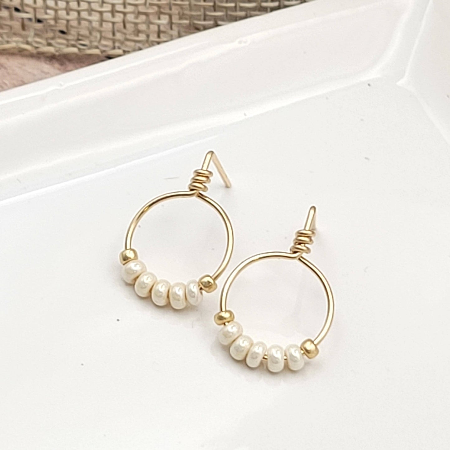 14k Gold Filled & Pearl Luster Beaded Hoop Earrings