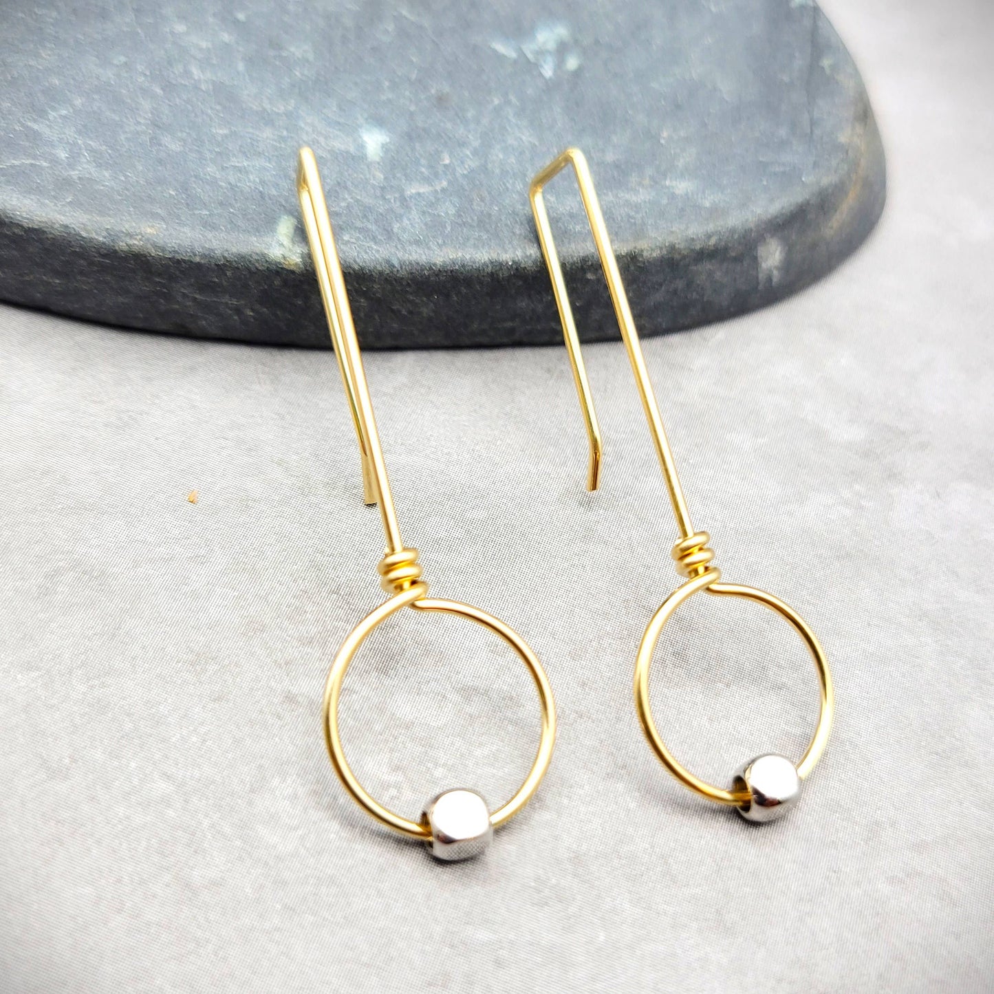 Gold Threader Hoop Earrings with Silver Bead