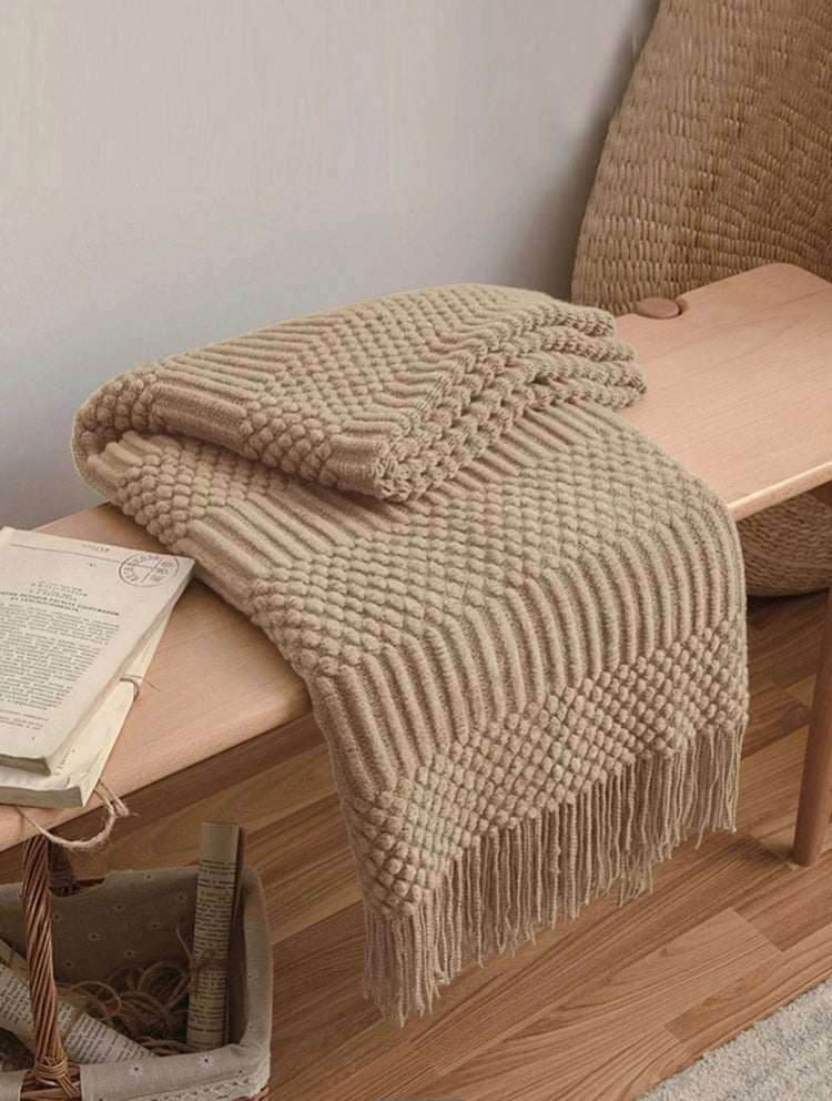 Knitted Fringe Throw Blanket