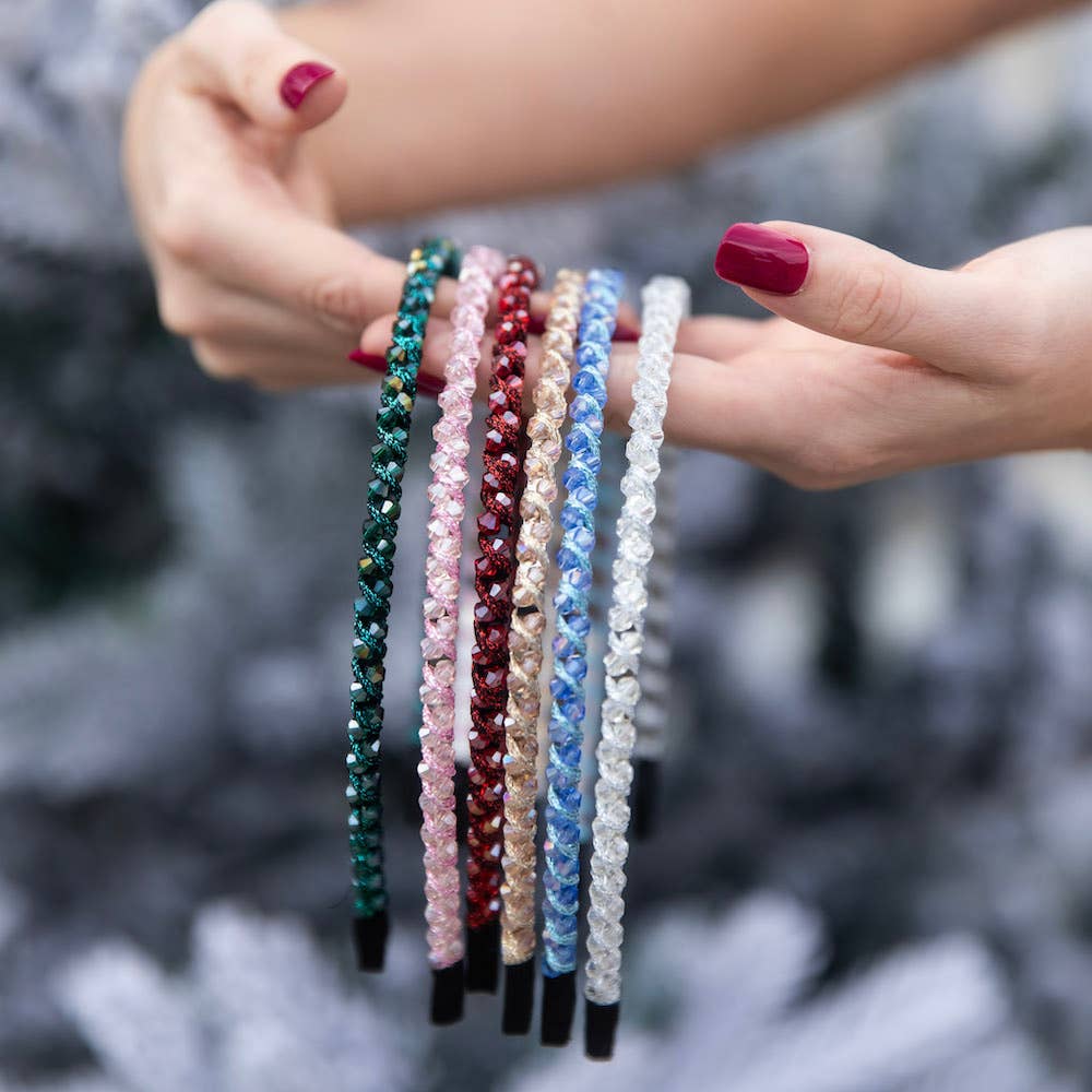 Thin Beaded Headband Set - Gold + Pink