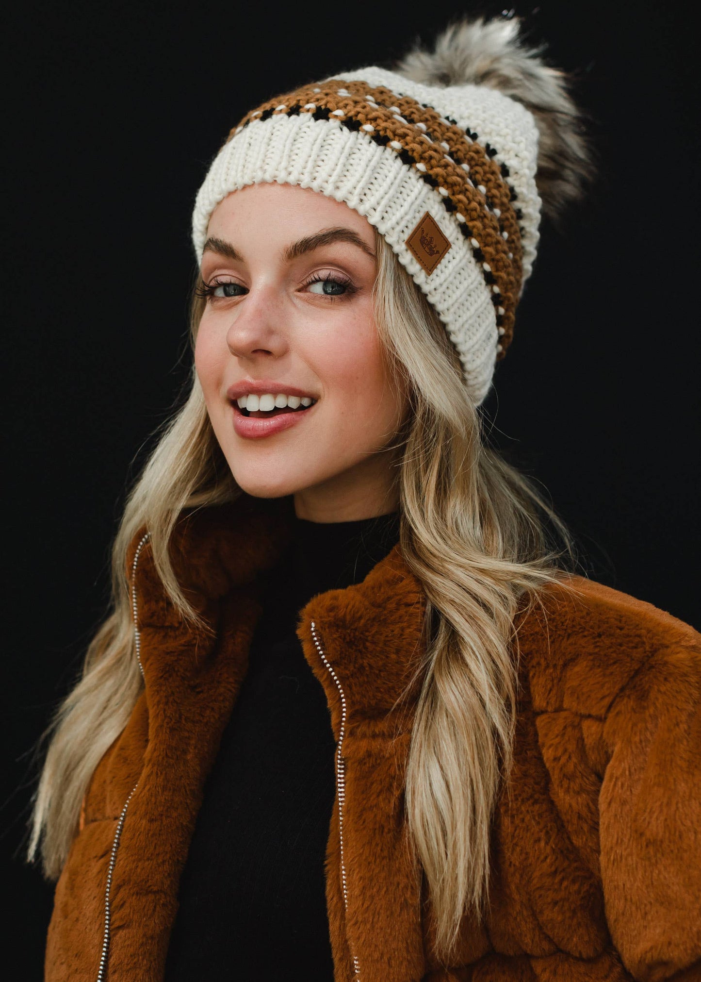 Cream, Mustard & Black Patterned Pom Hat