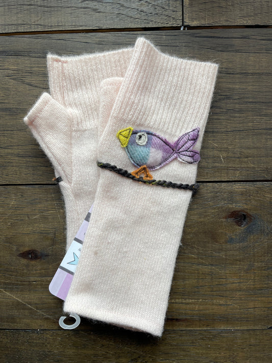 Hand Stitched Fingerless Gloves - Lt Pink/Bird