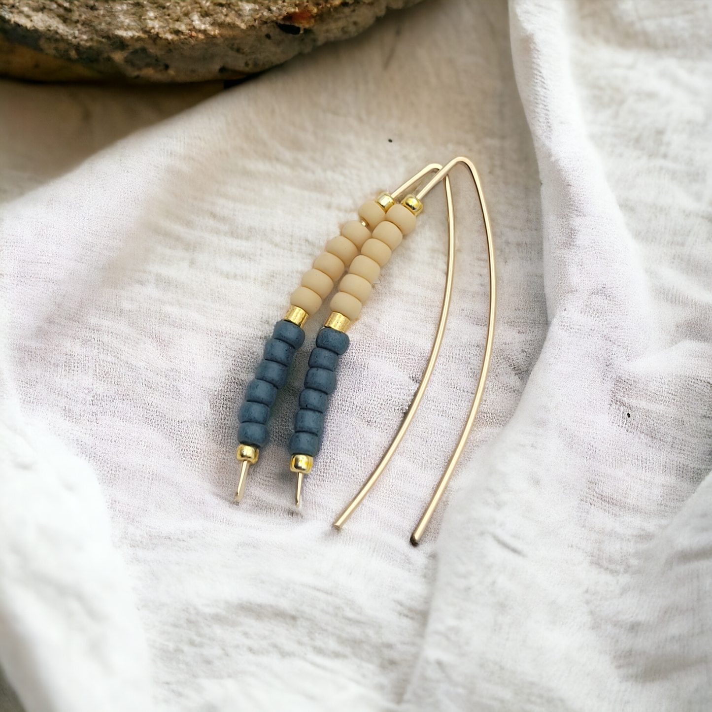 Gold Threader Earrings with Tan & Teal Beads