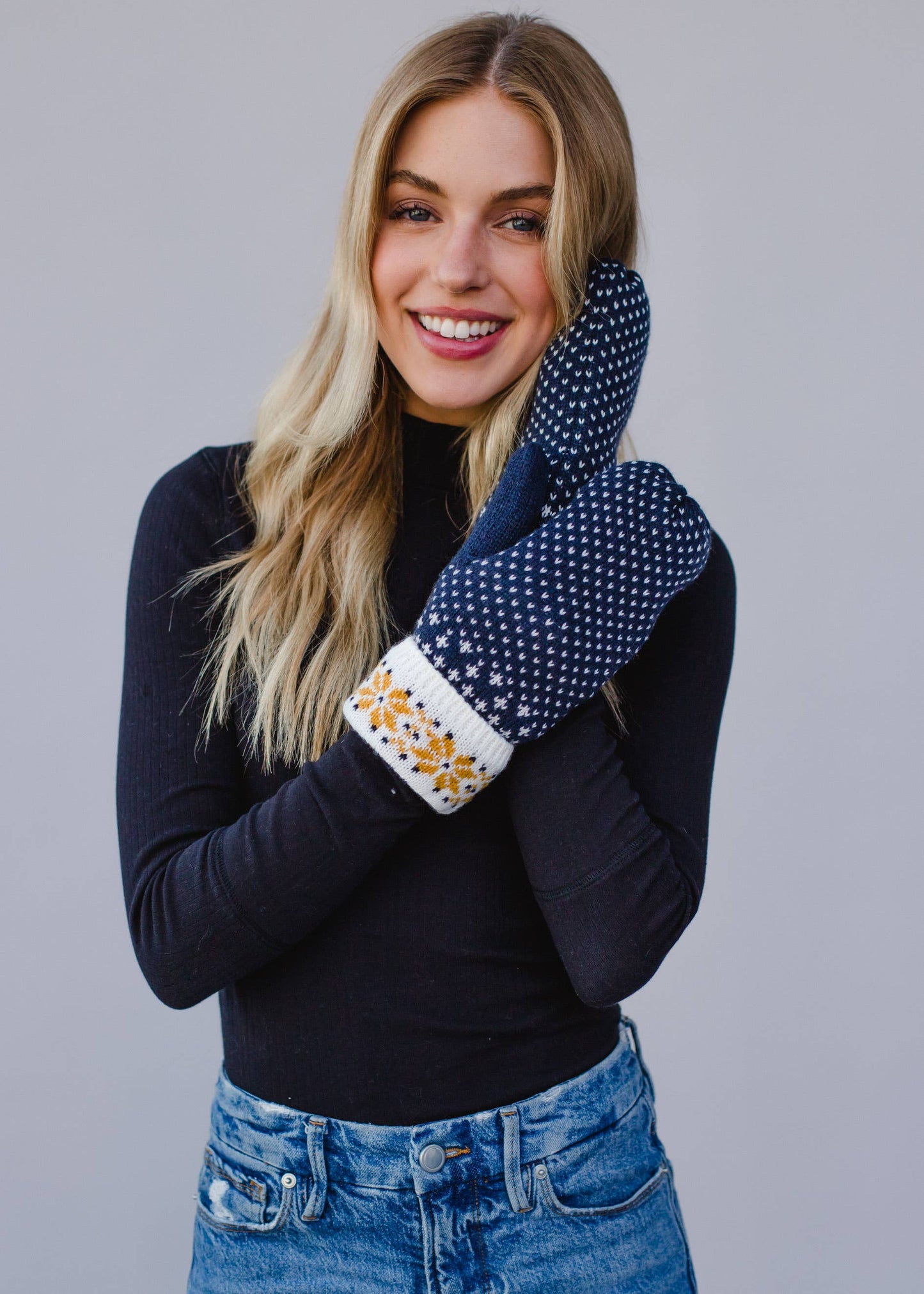 Navy, White & Mustard Patterned Mittens