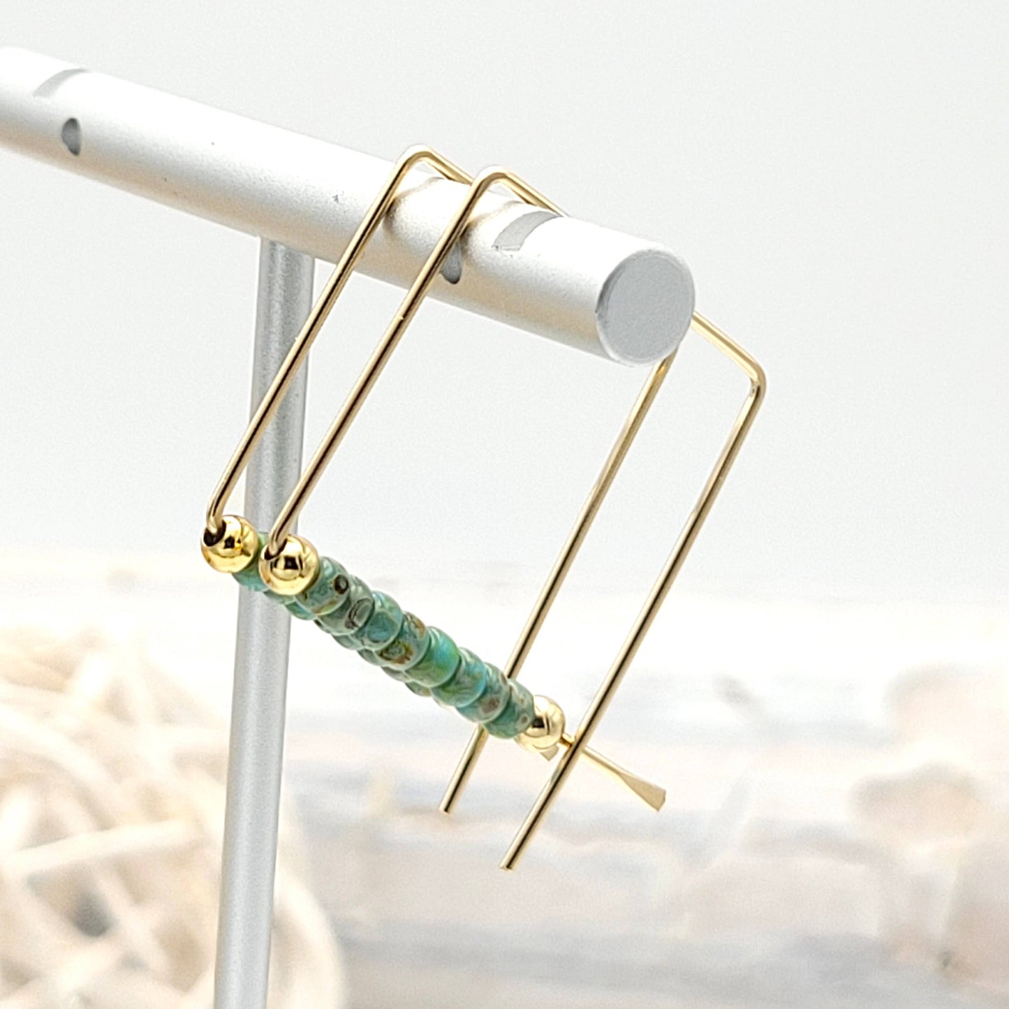 14k Gold Square Threader Hoops with Turquoise Beads