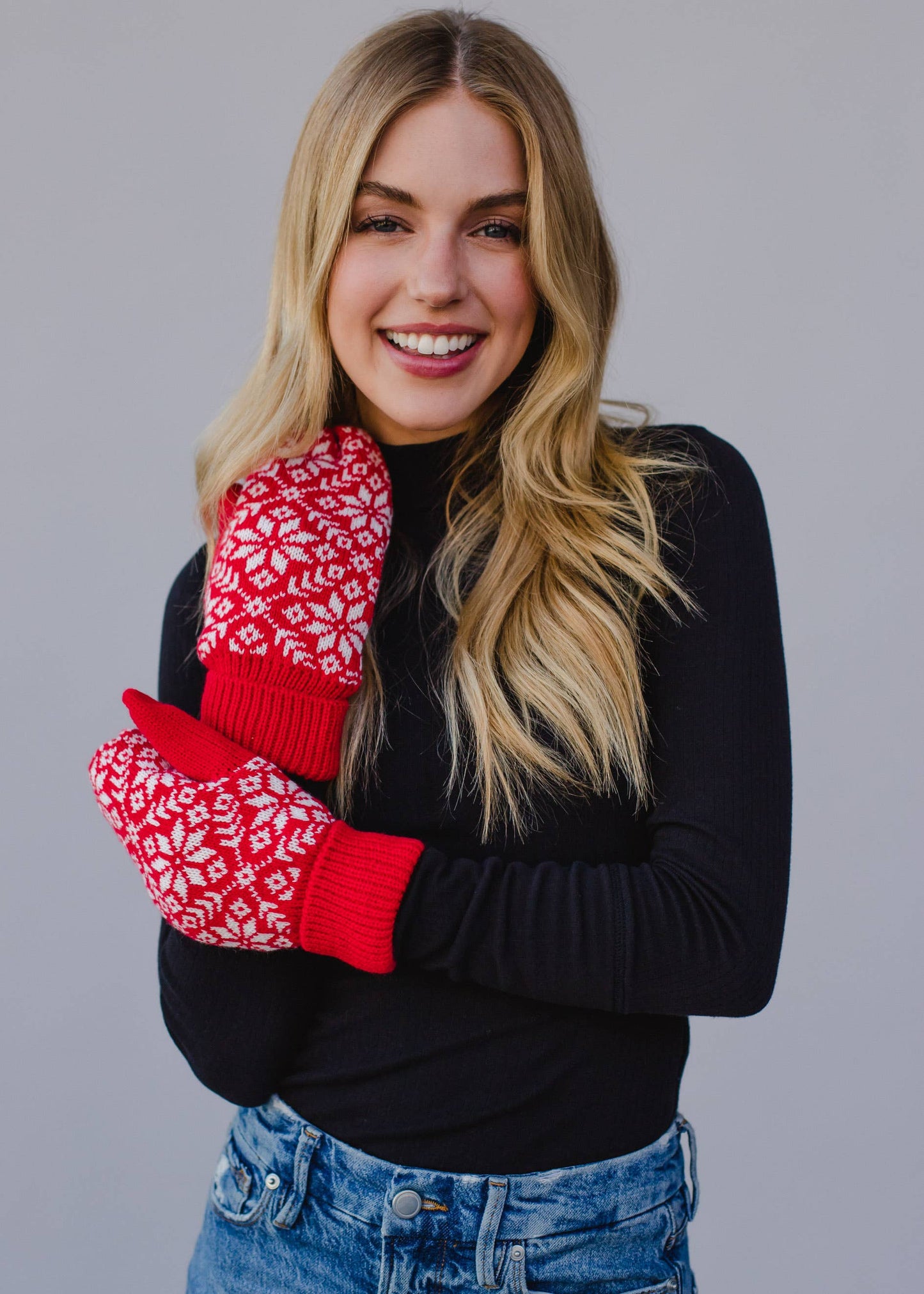 Red & White Snowflake Knit Mittens