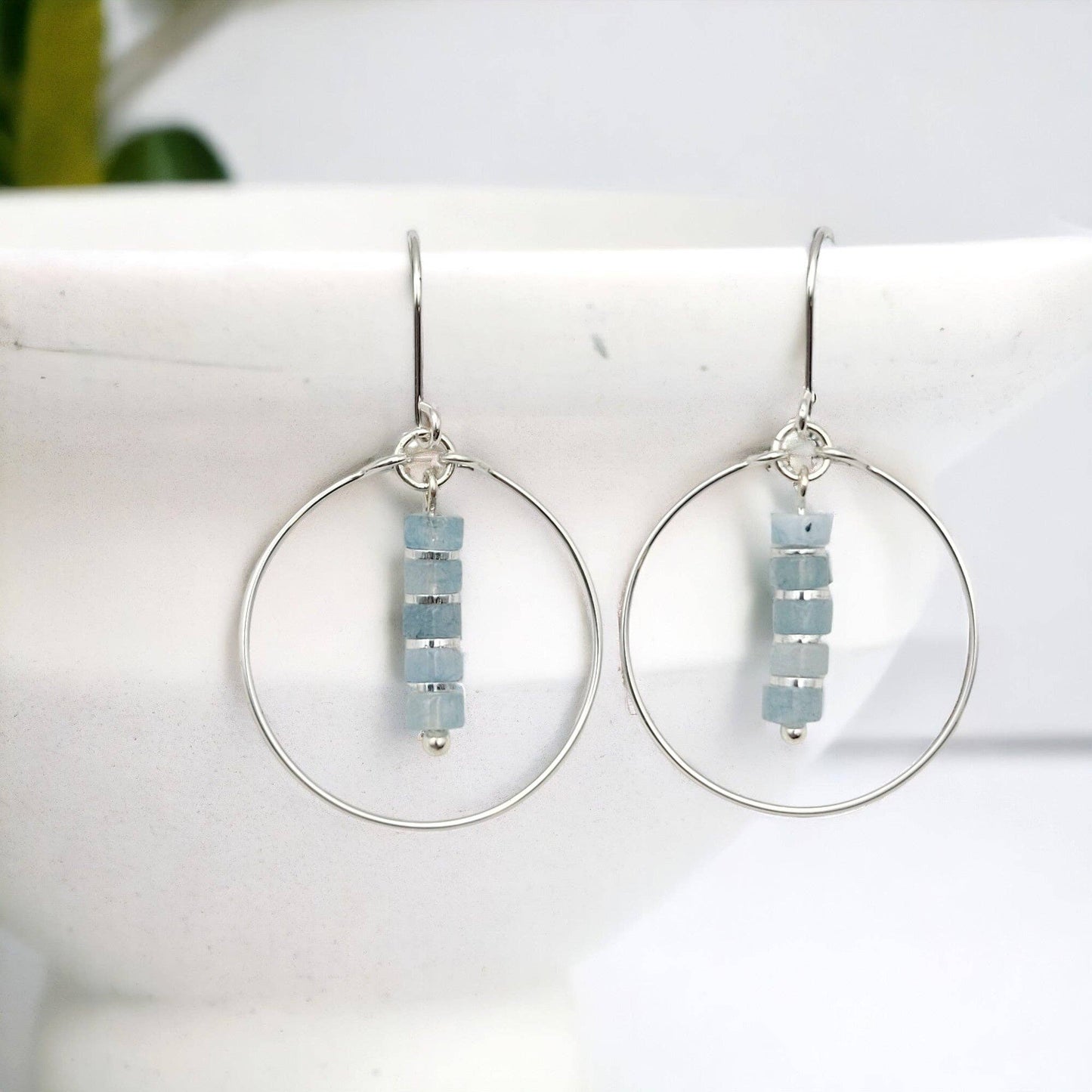 Sterling Silver Hoops with Aquamarine Dangle