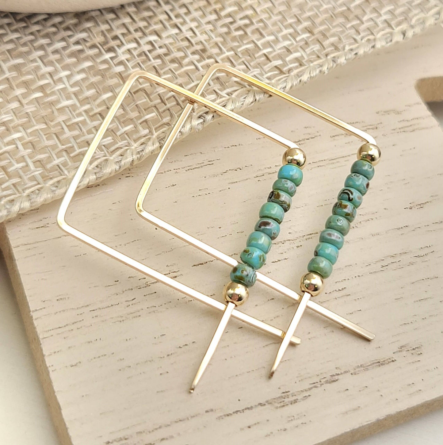 14k Gold Square Threader Hoops with Turquoise Beads