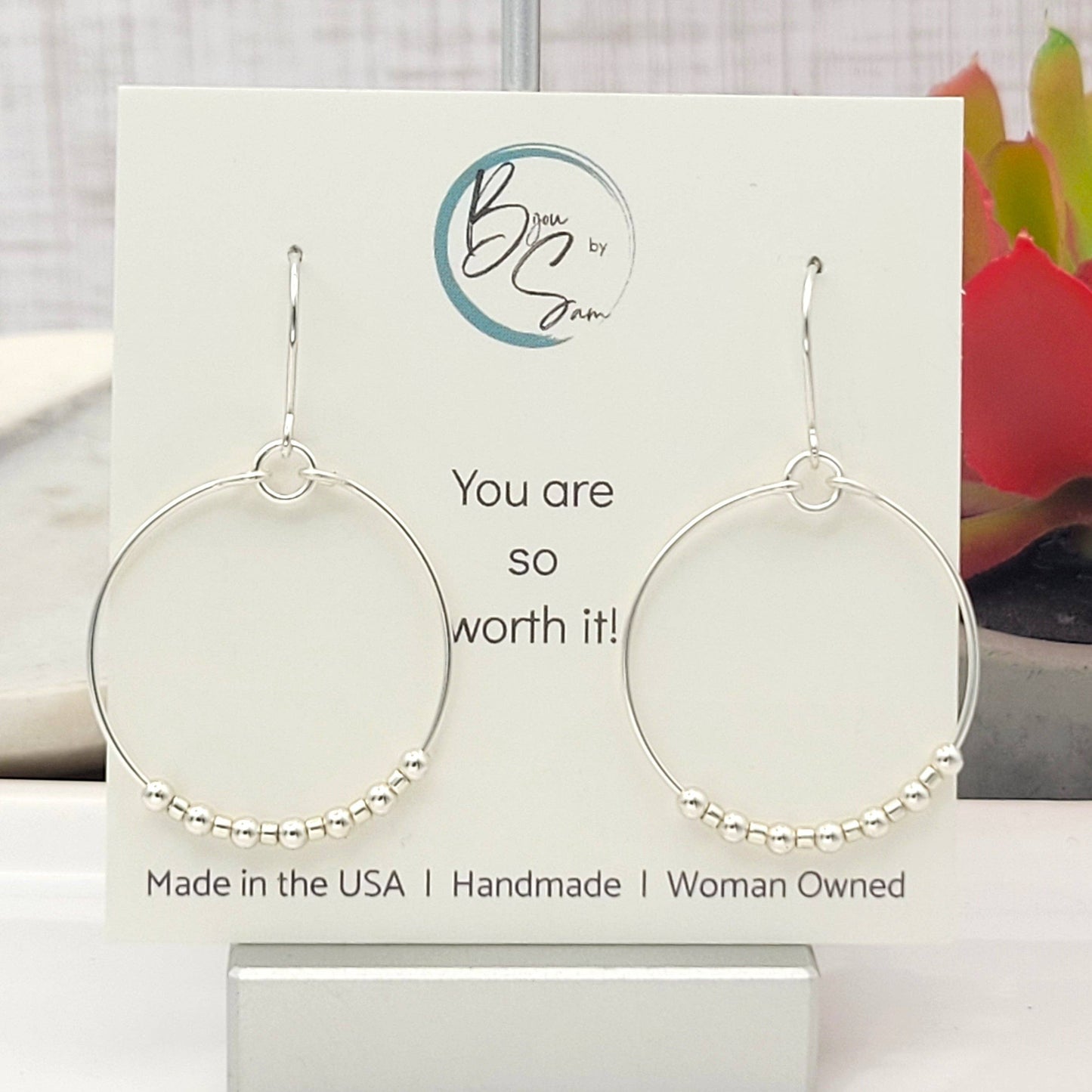 Silver Hoop Earrings with Silver Beads