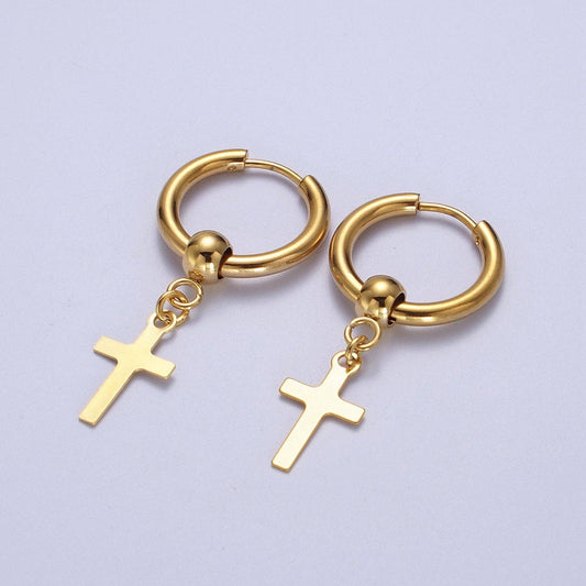 24K Gold Filled Religious Cross 18mm Huggie Drop Earrings Hoops | Y177