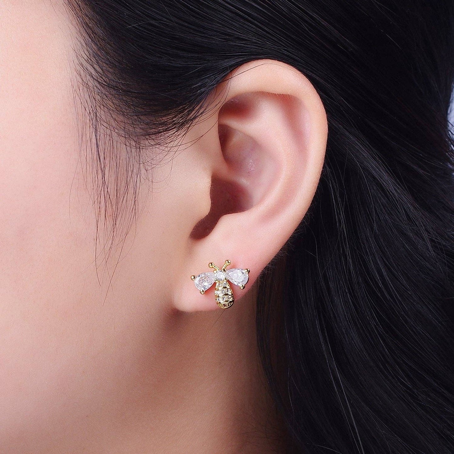 14K Gold Filled Micro Paved Bumble Queen Bee Cubic Zirconia Gold Stud Earrings | X934