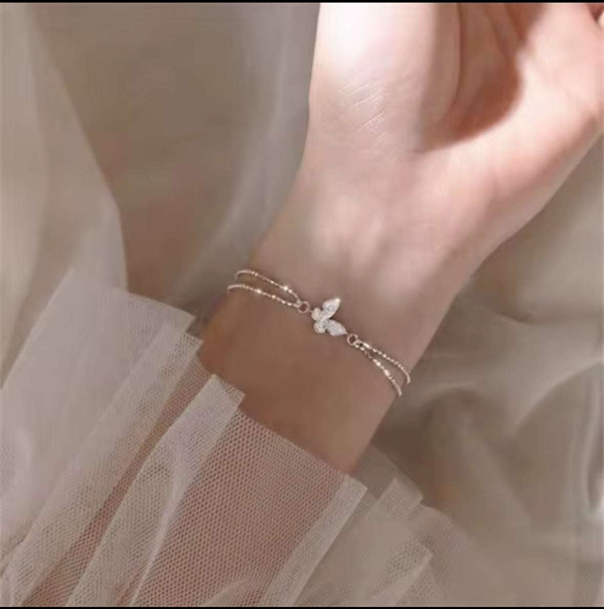 Delicate Silver Butterfly Double Chain Bracelet