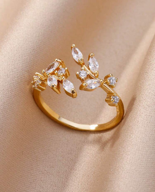 Gold Plated Stainless Steel Crystal Leaf Ring