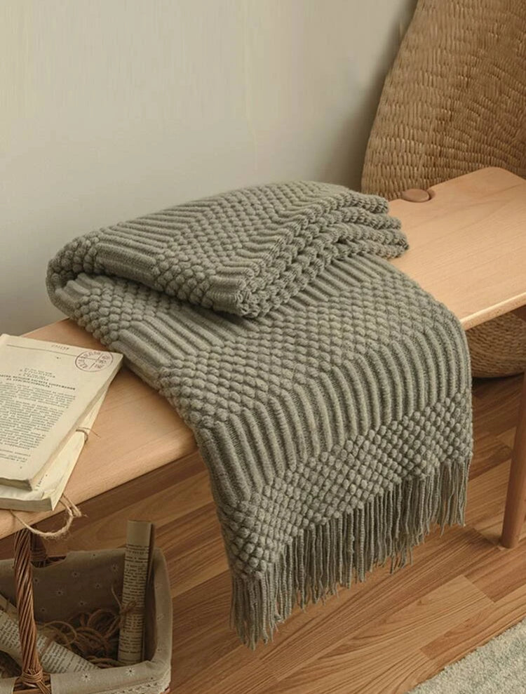 Knitted Fringe Throw Blanket