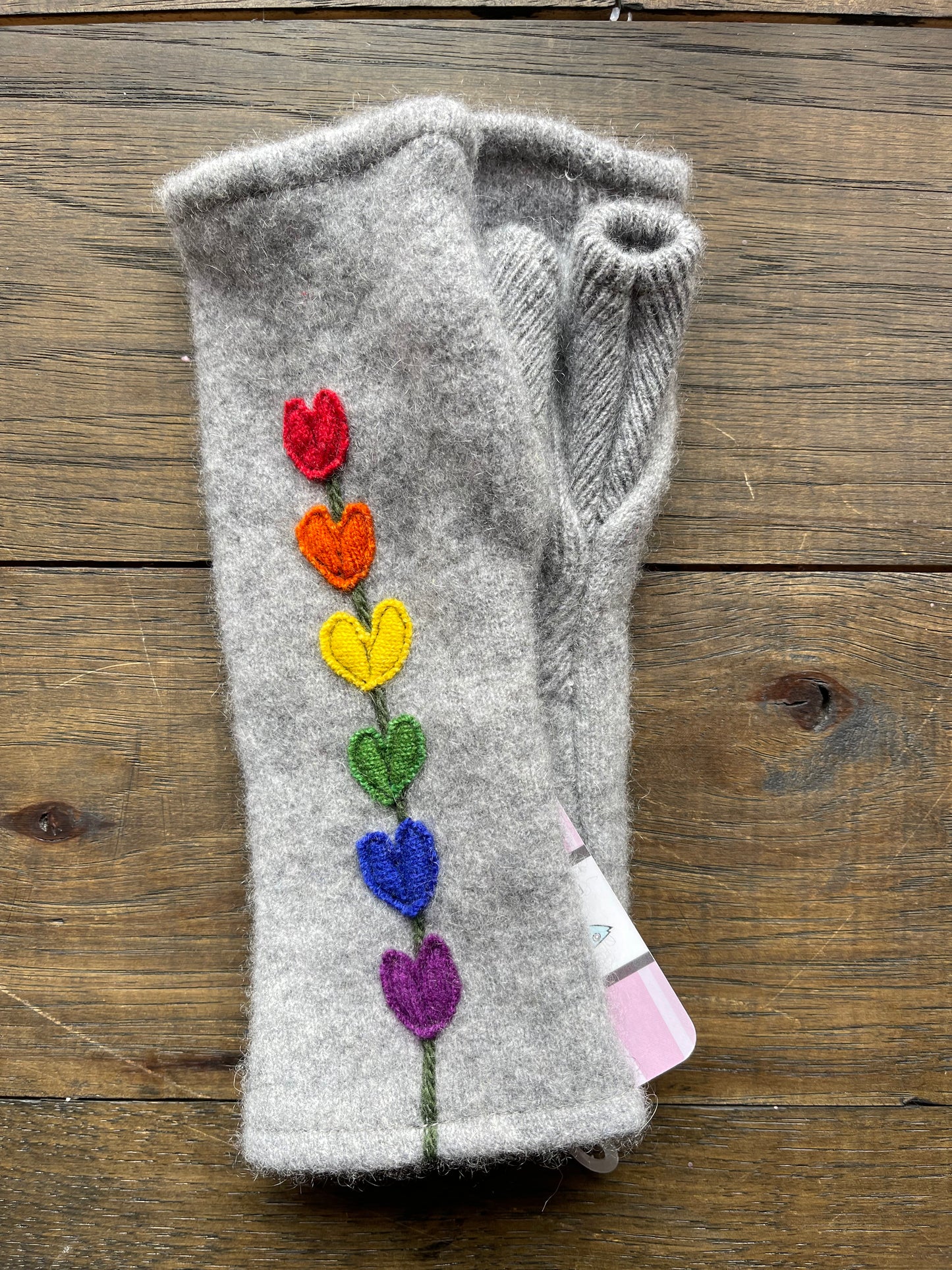 Hand Stitched Fingerless Gloves - Lt Grey/Rainbow Flower