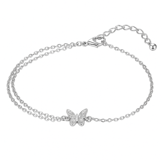 Delicate Silver Butterfly Double Chain Bracelet