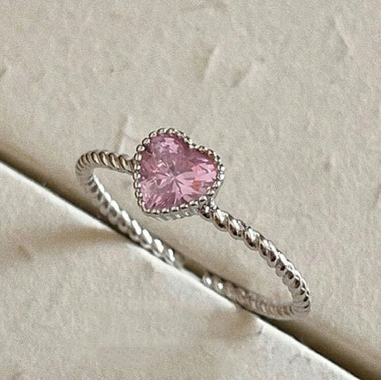 Pink Crystal Heart Sterling Silver Ring