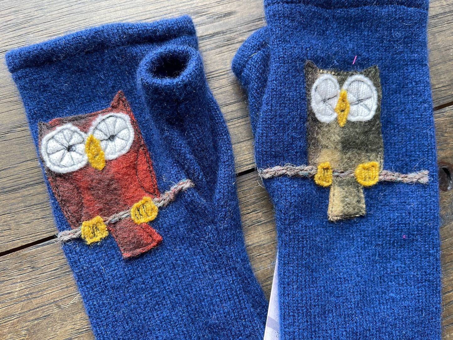 Hand Stitched Fingerless Gloves - Navy/Owl