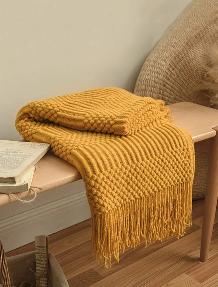 Knitted Fringe Throw Blanket