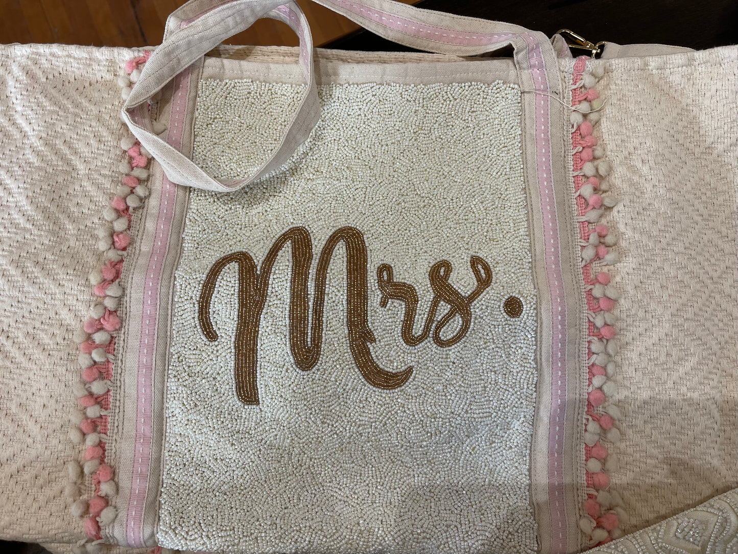 Mrs. Beaded Tote Bag with Pom Tassels