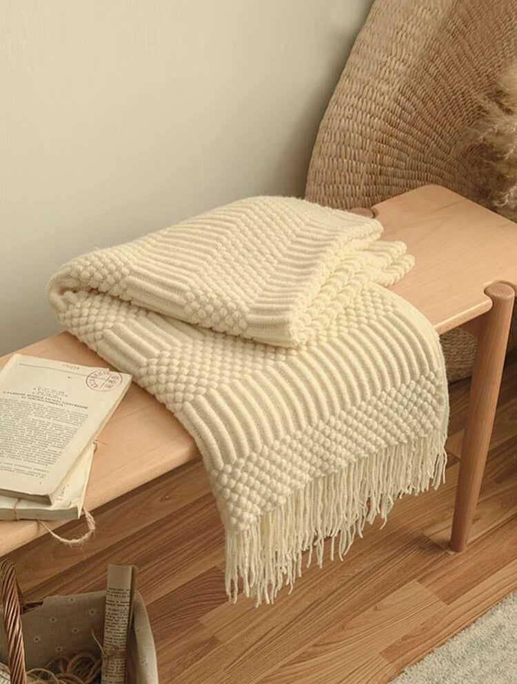 Knitted Fringe Throw Blanket