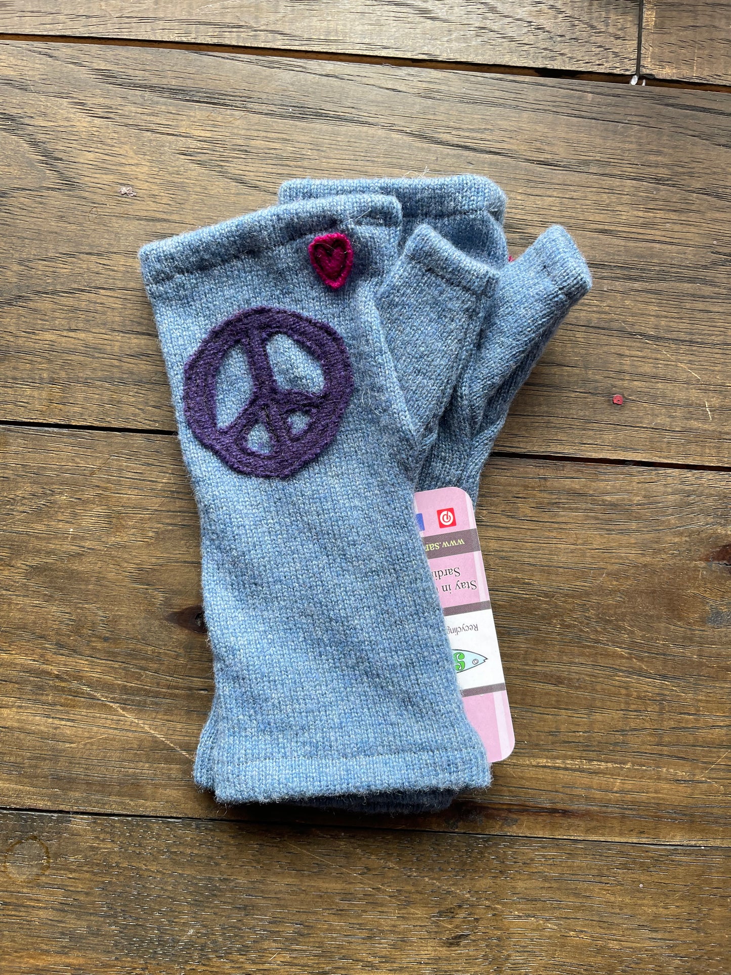 Hand Stitched Fingerless Gloves - Blue/Peace