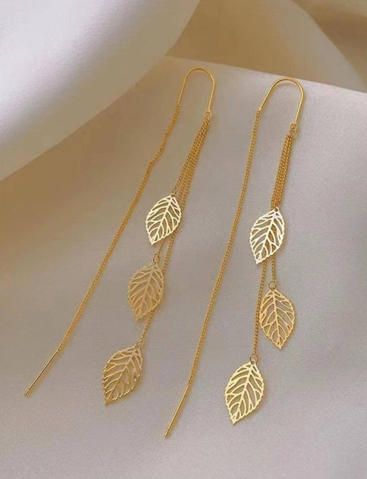 Gold Drop Leaf Threader Earrings