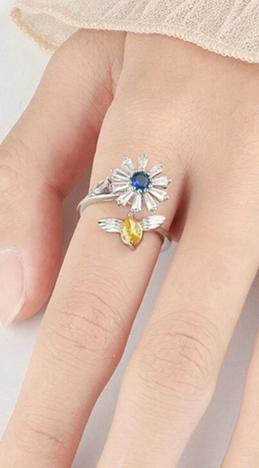 Blue Flower & Bee Fidget Ring