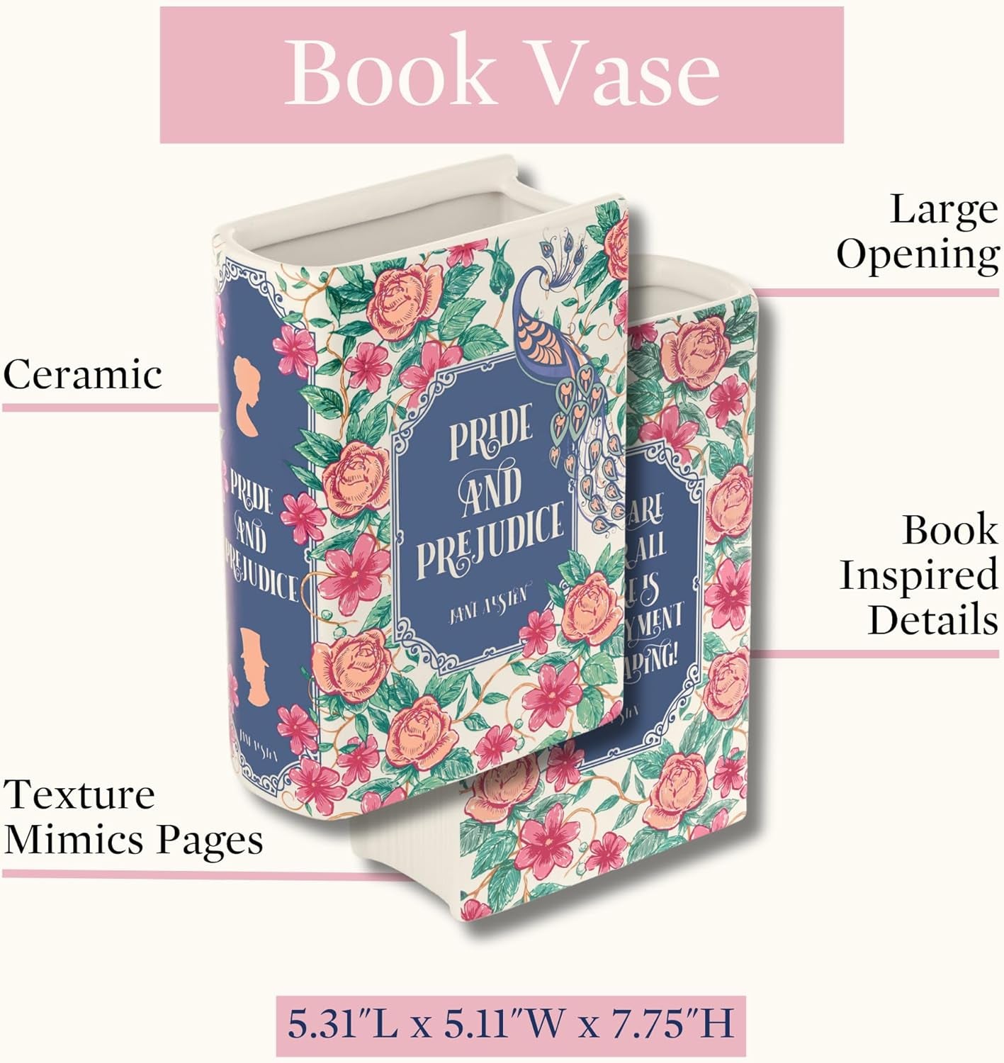 Pride and Prejudice - Large Vase - Original Book-Shaped Decorative Vase, Ceramic Vase, Cute Bookshelf Decor, Unique Vase for Book Lovers