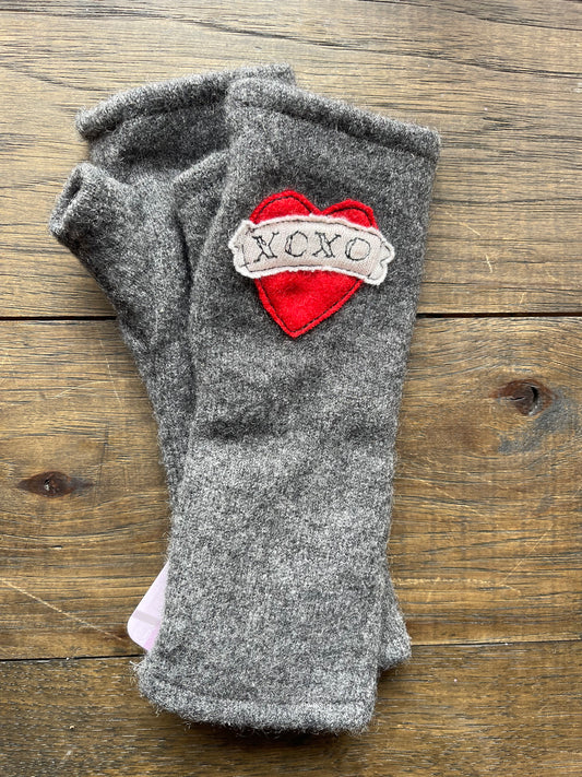 Hand Stitched Fingerless Gloves - Dk Grey/Red XOXO