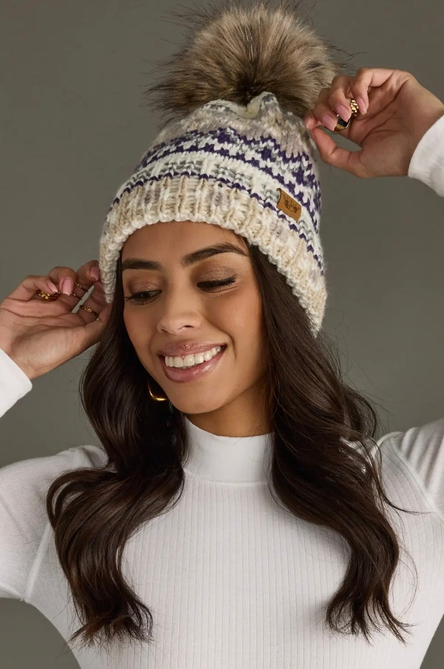 Ivory, Purple & Taupe Patterned Pom Hat